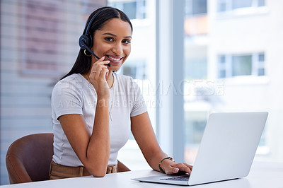 Buy stock photo Woman, call centre and laptop in office with headphone or microphone to communicate for clients in portrait. Happy, female person and customer service agent with digital technology for telemarketing