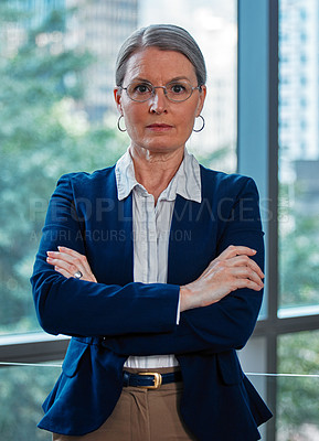 Buy stock photo Arms crossed, portrait or mature businesswoman ready for professional mindset, ambition or empowerment. Office, corporate worker and face of manager for career opportunity, job or work for company