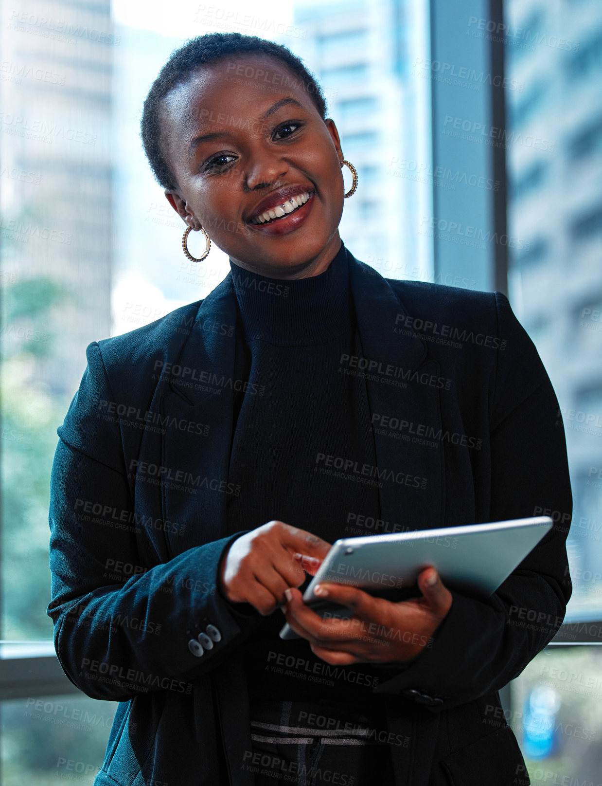 Buy stock photo African businesswoman, tablet and portrait for online career report, digital website or streaming in office building. Professional person, smile and tech for corporate success or internet app in job 