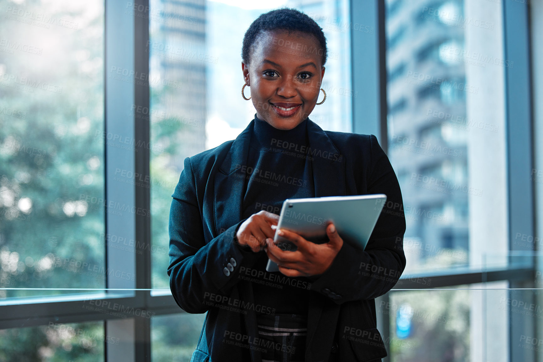 Buy stock photo Black woman, tablet and portrait by window for corporate career with communication, online and agency office. Tech, worker and African manager in workplace with web, professional job and app for text