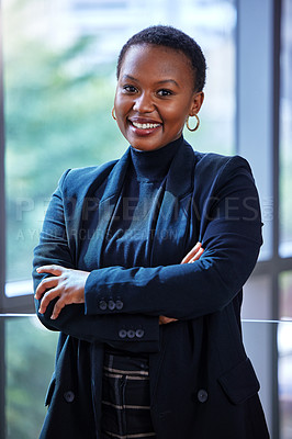 Buy stock photo African businesswoman, smile and portrait for career report or project management in modern office building. Professional person, happy and confident for corporate success, work or job in company 