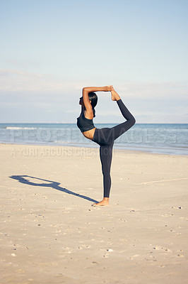 Buy stock photo Woman, yoga and stretching on beach with fitness for exercise, training or outdoor workout in nature. Female person or yogi in body warm up or pilates for balance, health and wellness by ocean coast