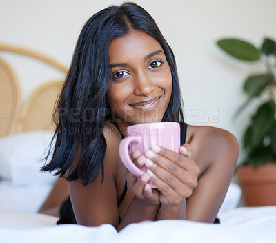 Buy stock photo Breakfast, bed and Indian woman with coffee, portrait and smile in morning, relax and happiness in hotel. Vacation, break and holiday for girl, drink and beverage of espresso, resort and bedroom