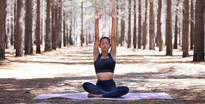 Buy stock photo Yoga, meditate and Indian woman in nature for spiritual mental health, chakra and wellness. Balance, healing and female yogi person for stretching workout, mindfulness and peace of mind in forest