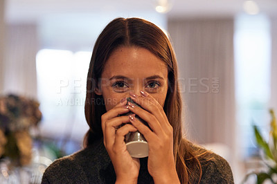 Buy stock photo Customer, portrait and woman drinking coffee in cafe for beverage, break or caffeine at start of day. Face, hands and mug with happy consumer in small business restaurant for fresh, warm refreshment