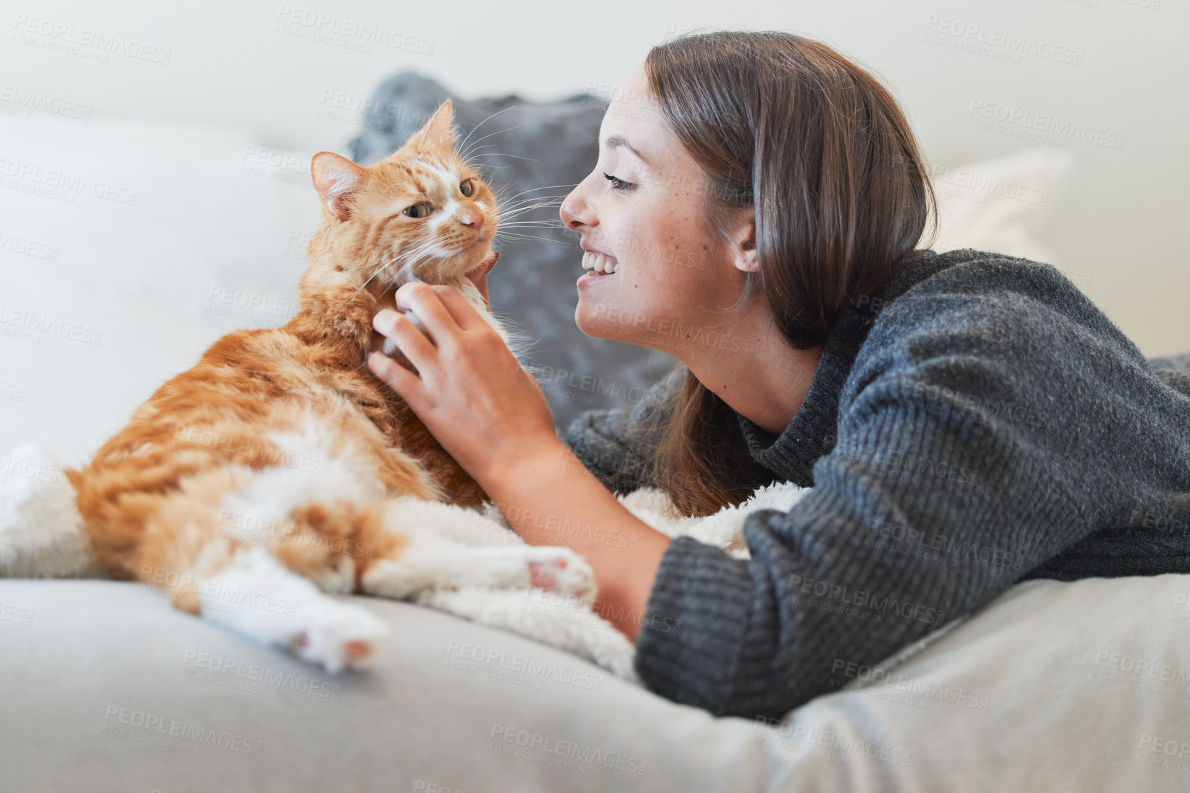 Buy stock photo Shot of a young woman petting her cat at home