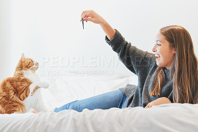 Buy stock photo Love, playing and woman with cat in bedroom of home for bonding or having fun as pet owner. Bed, happy or smile and person teasing adorable kitten with toys in apartment for morning relaxation