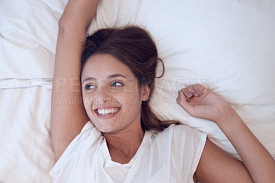 Buy stock photo Happy, woman and morning stretch, wake up after rest and sleep for wellness. Excited, female person and pillow for peace, comfort and freedom with feeling fresh to relax, break and work from home