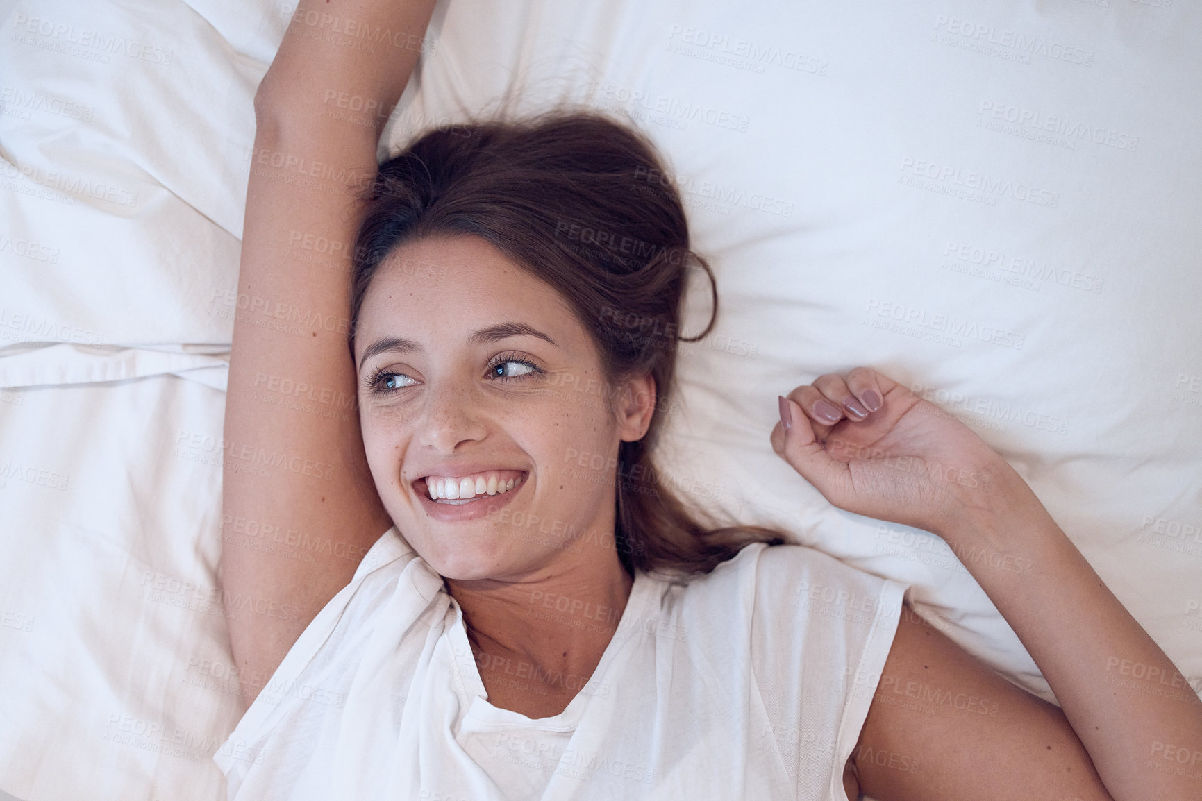 Buy stock photo Happy, woman and morning stretch, wake up after rest and sleep for wellness. Excited, female person and pillow for peace, comfort and freedom with feeling fresh to relax, break and work from home