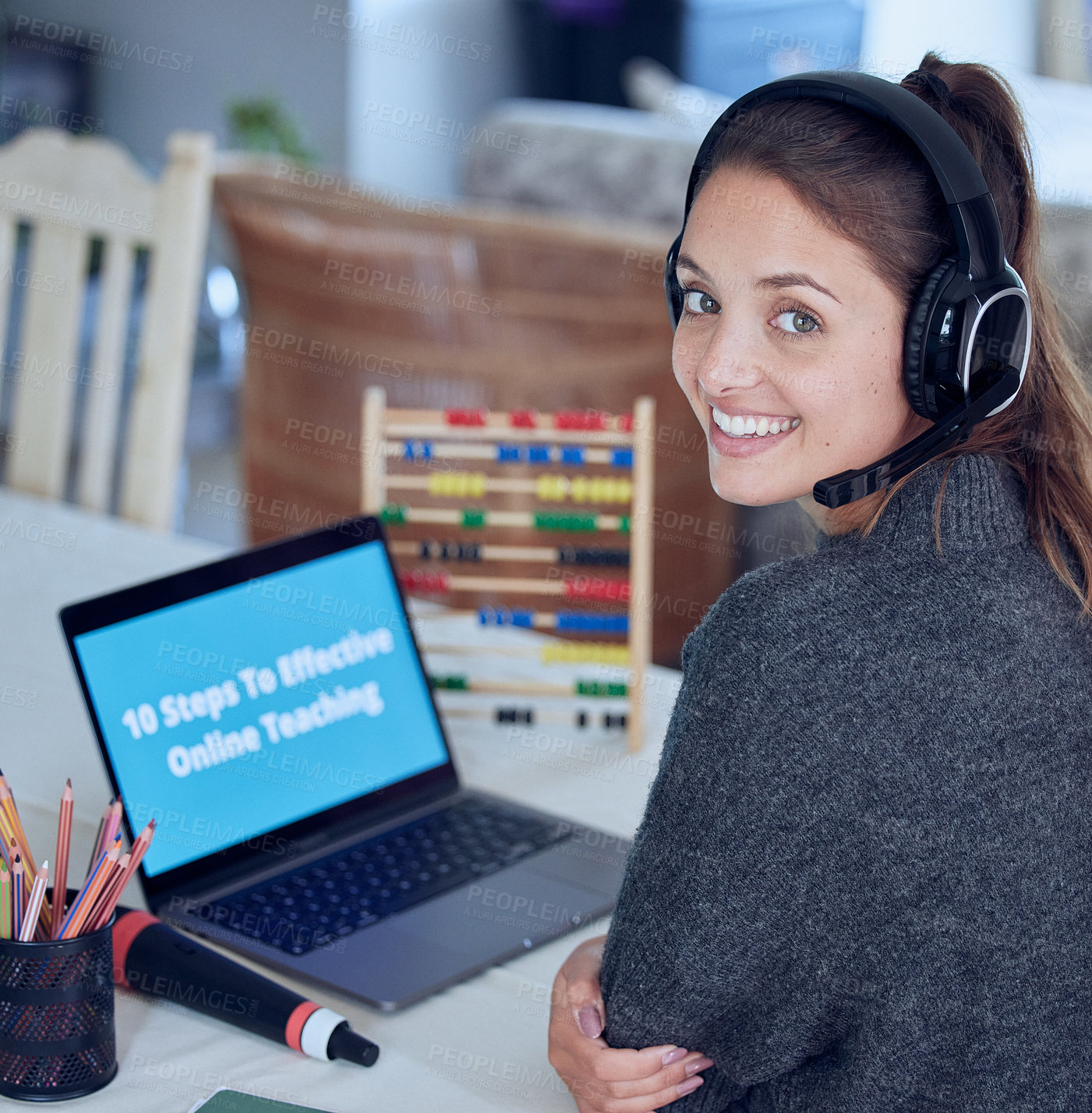 Buy stock photo Portrait, woman and teaching on laptop at home for studying or elearning for virtual online education. Happy, teacher person and course for lesson planning or  presentation of lecture notes for class