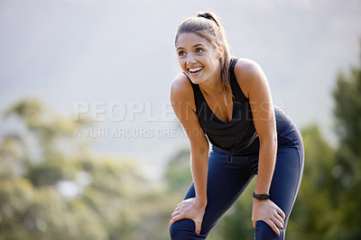 Buy stock photo Fitness, nature and woman on break for running with race, marathon or competition training with smile. Sport, happy and female athlete runner breathing for outdoor cardio exercise or workout.