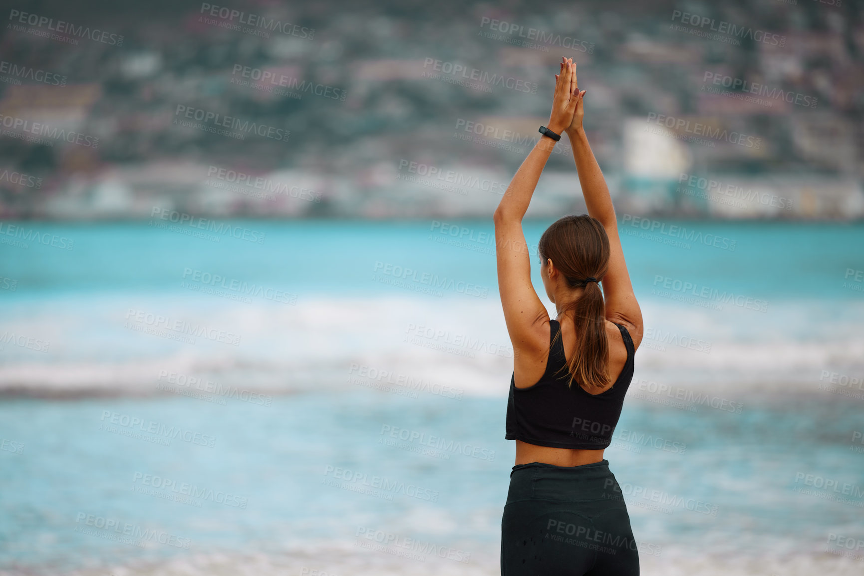 Buy stock photo Exercise, meditation and yoga with woman on beach for awareness, balance or wellness in morning. Fitness, mindfulness and zen with back of person on sand by ocean for holistic training or workout