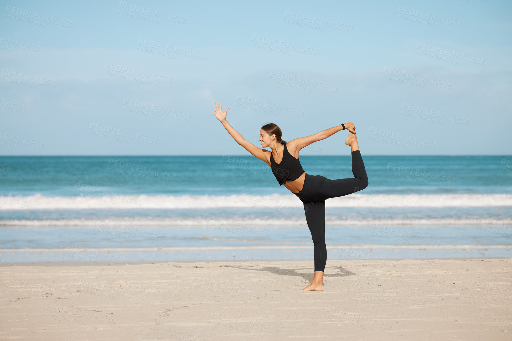 Buy stock photo Stretching, woman and yoga on the beach for exercise, fitness or wellness workout for healthy, holistic or zen mindset. Girl, stretch and meditation at ocean, sea or outdoor pilates training 