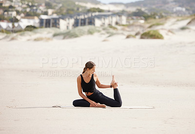 Buy stock photo Fitness, stretching and yoga with woman on beach for balance, warm up or wellness in morning. Exercise, flexible and zen with person getting ready on sand for holistic training or workout in nature