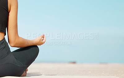 Buy stock photo Hands, meditation and yoga with person n on beach for balance, inner peace or wellness in morning. Exercise, mindfulness and space with yogi on sand by ocean or sea for holistic awareness or zen