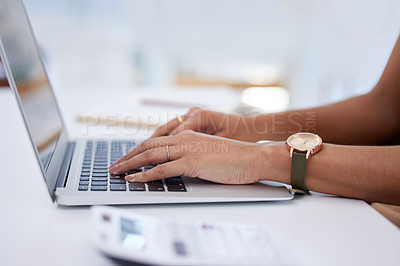 Buy stock photo Hands, typing and woman by desk with laptop for accounting career, writing report and company audit. Table, tech and fingers of accountant on keyboard with tax advice, budget planning and calculator