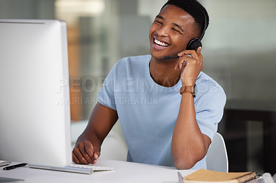 Buy stock photo Call center, laughing man and computer for customer service call, support and crm website. Happy black male person, consultant or agent with a headset for help, sales and telemarketing with internet