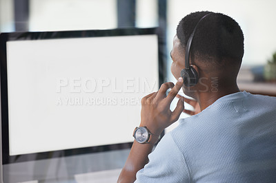 Buy stock photo Call center, man and computer screen or mockup for customer service, support and crm website. Back of a male person, consultant or agent with a headset for help, sales and telemarketing with internet