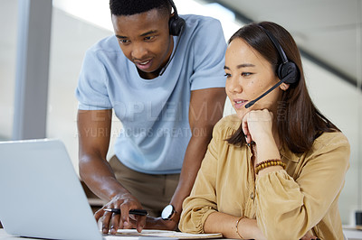 Buy stock photo Call center, customer service and manager helping a consultant with crm communication in the office. Contact us, headset and telemarketing agents working on online consultation together in workplace.