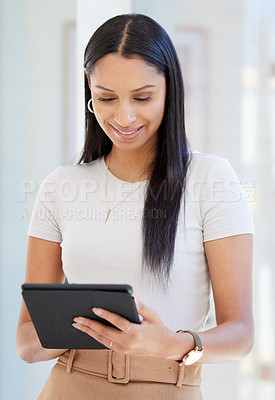 Buy stock photo Indian woman, tablet and smile in office as designer with digital app or interior creative, project planning or network. Female person, employee and innovation agency for report, brief or artistic