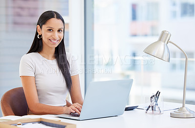 Buy stock photo Indian woman, portrait and laptop in office as creative or web design, project planning or agency. Female person, face and smile with market research for graphic company, digital artist or online