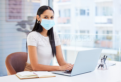 Buy stock photo Woman, face mask and portrait in office with laptop, risk of bird flu or virus with protection, policy and regulations at work. Employee in compliance, healthcare rules and safety from H5N1 strain