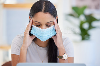 Buy stock photo Frustrated woman, headache and stress with facemask in anxiety, burnout or mental health at office. Tired female person or employee with migraine in depression, burnout or pressure at workplace  