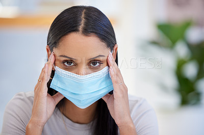 Buy stock photo Frustrated woman, portrait and headache with face mask in stress, anxiety or depression at office. Face of angry or tired female person with migraine in burnout, overworked or debt in viral pandemic