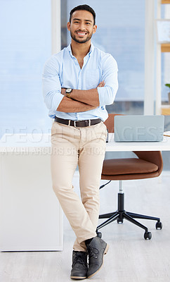 Buy stock photo Portrait, man and arms crossed with confidence in office, IT consultant with pride and ambition. Happy, professional and drive with mission for computer software engineering industry and tech support