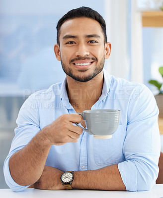 Buy stock photo Portrait, man and coffee with confidence in office, consultant with pride and ambition. Professional on tea break with drive, mission and happy in career, beverage and work at startup in Indonesia