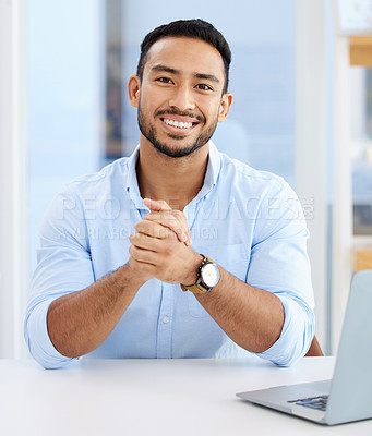 Buy stock photo Portrait, man and smile with confidence in office, IT consultant with pride and ambition. Happy, professional and drive with mission for computer software engineering industry and tech support