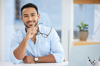 Buy stock photo Portrait, glasses and man with vision in office, IT consultant with pride and ambition in workplace. Happy, professional and drive with mission for computer software engineering and tech support