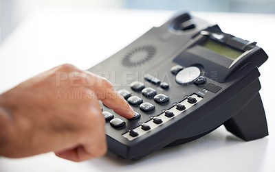 Buy stock photo Person, hand and telephone or dial number for calling communication, networking or contact us. Fingers, desk and telemarketing call for virtual sales with technical support, connection or business