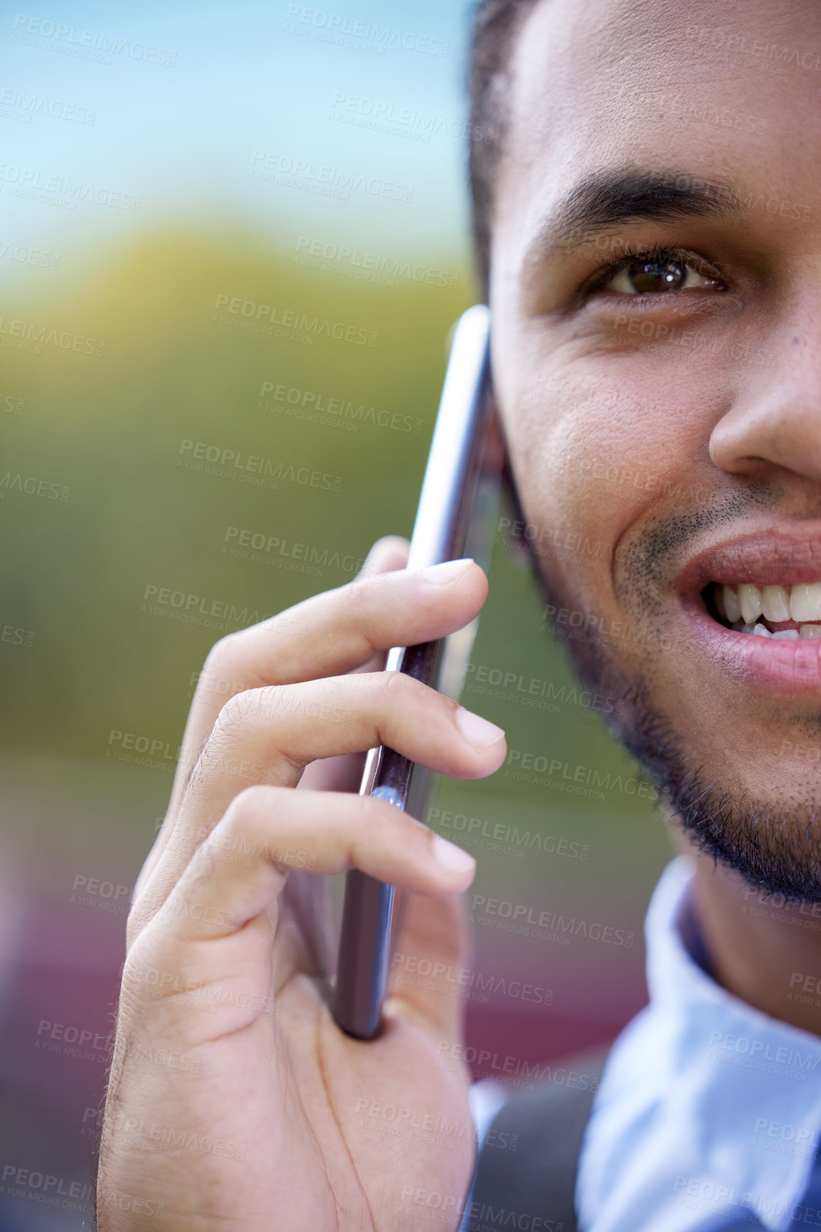 Buy stock photo Smartphone, businessman and outdoor in city with phone call for business networking and commute to corporate company. Man or entrepreneur, closeup and cellphone for communication and professional.