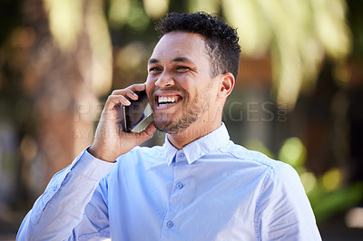 Buy stock photo Smartphone, happy and man in city with phone call for business networking and commute to corporate company. Businessman or entrepreneur, cellphone and excited for communication and positive feedback.