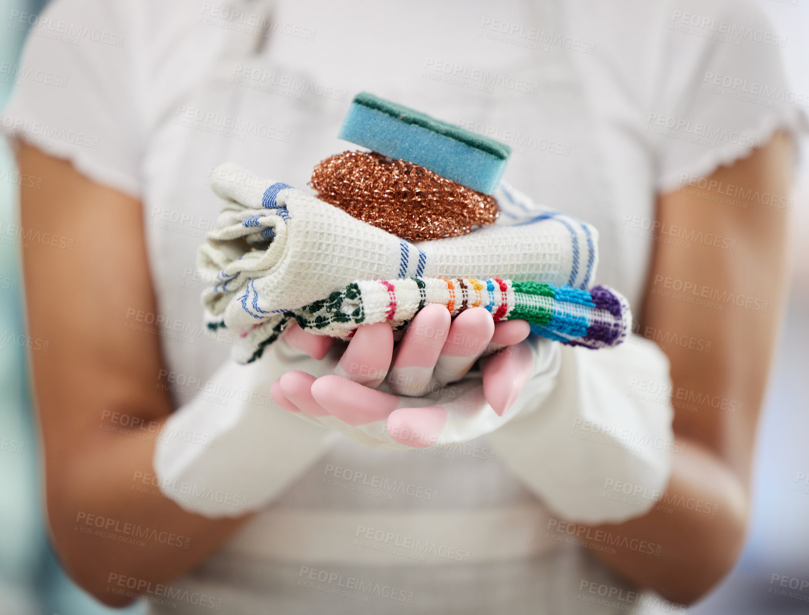 Buy stock photo Woman, hands and housekeeping with cleaning supplies or equipment for hygiene or disinfection at home. Closeup of female person, cleaner or maid holding tools for bacteria or germ removal at house