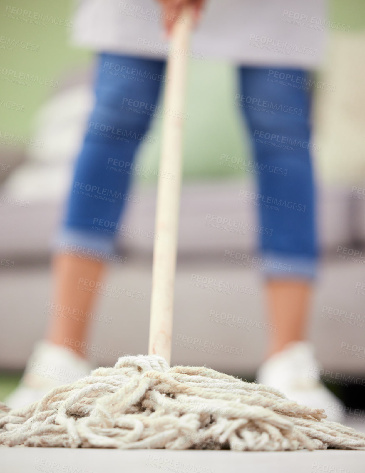 Buy stock photo Closeup, mop and floor for woman, cleaning or services for hygiene to stop germs, bacteria and dust in home. Person, feet and work in household for dirt, sanitation and job for disinfection in lounge