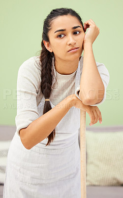 Buy stock photo Woman, mop and tired of cleaning in home with thinking, lazy and frustrated with disinfection for hygiene. Girl, person and domestic housework with ideas, bacteria and fatigue in living room in Italy