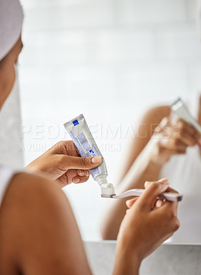 Buy stock photo Bathroom, toothpaste and woman brushing teeth, morning and routine for dental hygiene, wellness and mirror. Female person, closeup or girl with oral health, clean mouth or fresh breath with self care