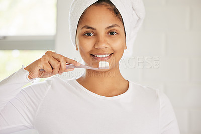 Buy stock photo Indian woman, portrait and toothbrush for brushing teeth with smile for cleaning, morning or whitening. Female person, face and gum health for bacteria hygiene in home bathroom, self care or routine