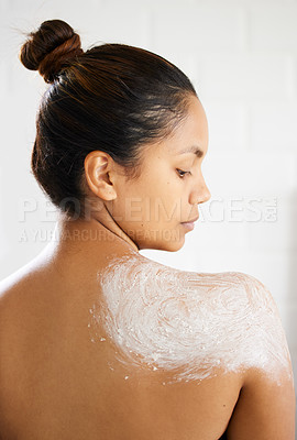 Buy stock photo Indian woman, body and lotion or healthy skincare for home moisturizing or hygiene, hydration or clean. Female person, dermatology and cream for bathroom treatment with sunblock, morning or wellness