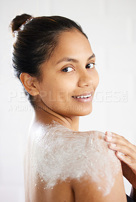 Buy stock photo Indian woman, portrait and body cream in home for moisturizer lotion, dermatology or wellness. Female person, face and cleaning soap for beauty results or skincare routine, sunscreen or treatment