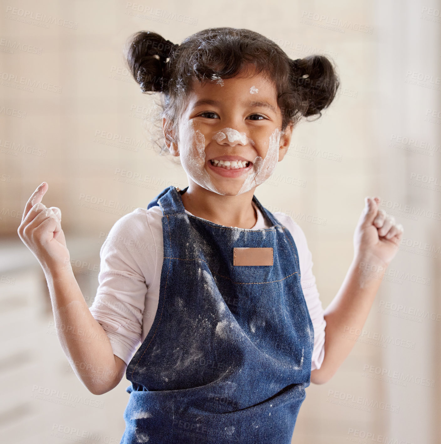 Buy stock photo Baking, fun and portrait of child in kitchen with flour for cake, bread and pastry dessert in home. Childhood, family and happy young girl with dirty face of ingredients for recipe, dough and treats