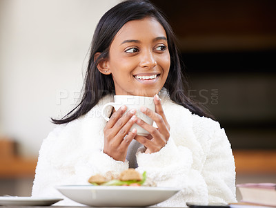 Buy stock photo Thinking, lunch or girl in cafe with coffee with smile, warm beverage or mug in winter with ideas. Tea, daydreaming or happy Indian woman at restaurant with healthy diet for meal, breakfast or brunch