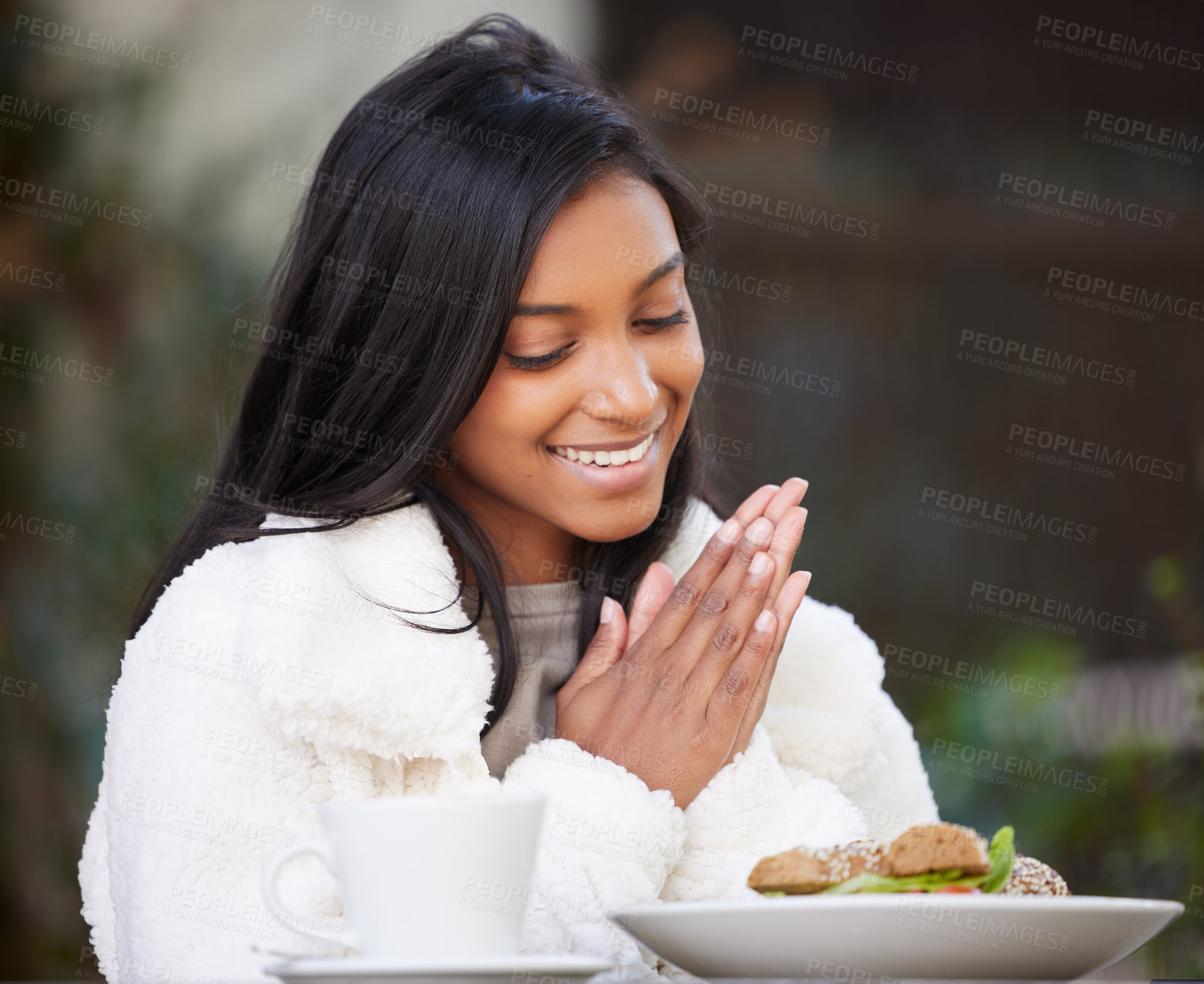 Buy stock photo Shot of a young woman having brunch