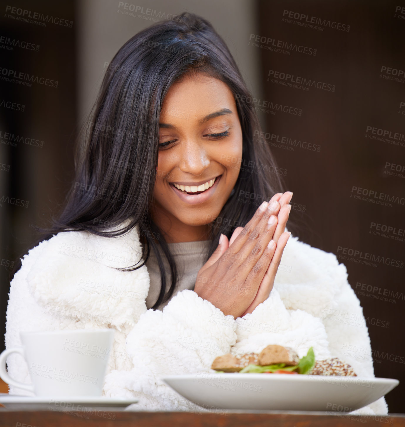 Buy stock photo Woman, excited and plate at restaurant, table or thinking with smile for memory to relax with coffee at lunch. Girl, Indian person and choice for food, diet or nutrition with brunch at cafe in Mumbai