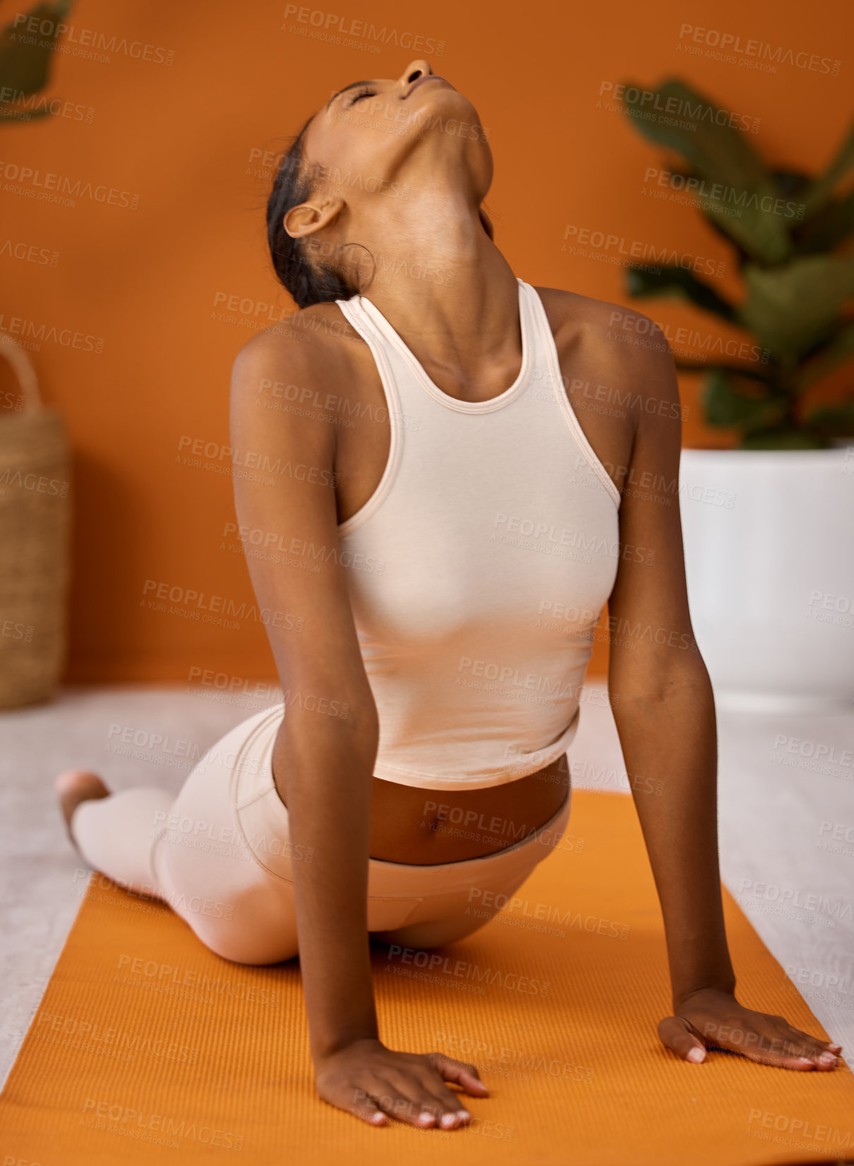 Buy stock photo Stretching, woman and yoga in home for exercise, wellness and fitness or in apartment. Female person, pilates and zen or peace in bedroom for workout, training and relax on weekend for wellbeing