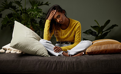 Buy stock photo Frustrated, student and girl in bedroom, portrait and anxiety with mental health, stress and headache for exam. Bed, depressed and unhappy Indian person, fail or mistake in test, apartment and home