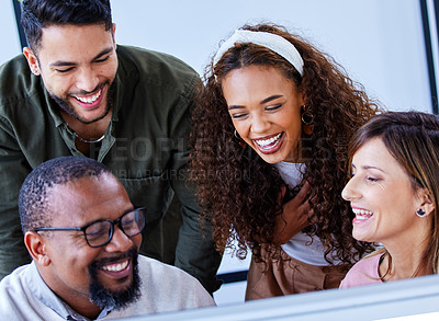 Buy stock photo Computer, internship and manager with team in office for creative research and information. Technology, teamwork and mentor with group of graphic designers working on desktop for project in workplace