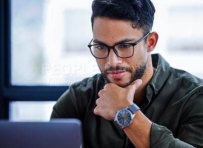 Buy stock photo Laptop, reading and businessman with glasses in office for creative project with copywriting. Smile, thinking and professional male writer from Mexico with ideas for content online with computer.